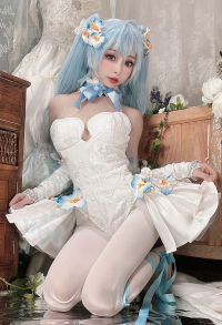 Flower Fairy Nemophila Cosplay Costume White Bodysuit and Pantyhose with Flower Decorations and Tailing