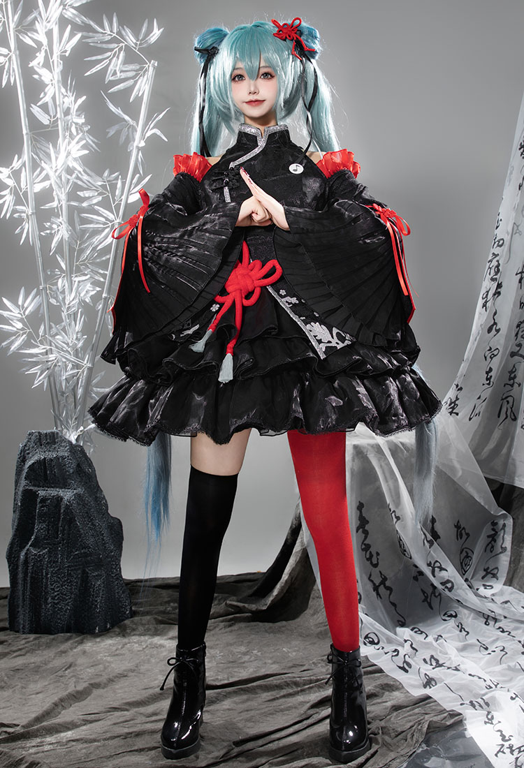 Vocal Cosplay Costume Dress and Thigh Socks with Headdress and Waist Ornament