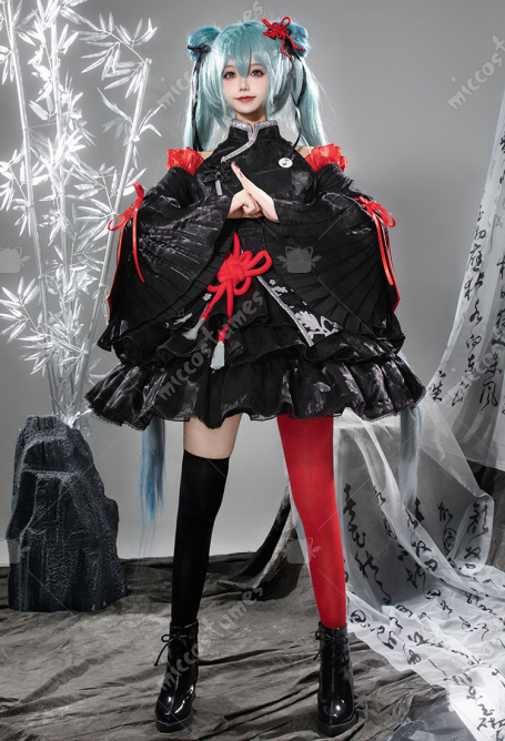 Vocal Cosplay Costume Dress and Thigh Socks with Headdress and Waist Ornament