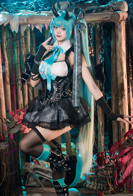 Vocal Cosplay Costume Devil Dress and Sleeves with Wings and Thigh Socks
