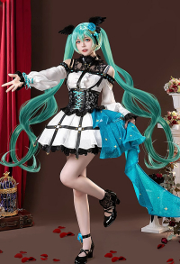 Vocal Cosplay Costume Black White Dress and Waist Belt with Ankle Ring and Headpiece