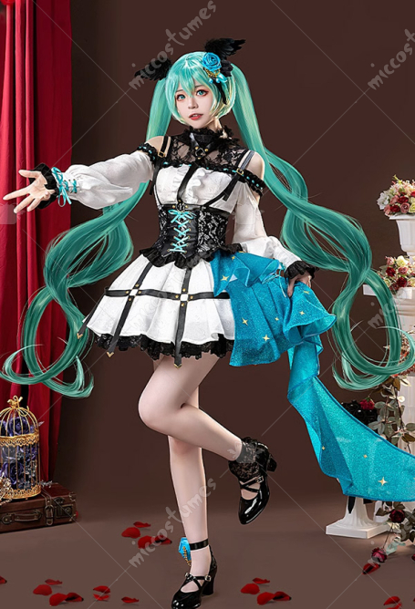 Vocal Cosplay Costume Black White Dress and Waist Belt with Ankle Ring and Headpiece