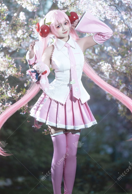 Vocal Pink Sakura Cosplay Costume Top Skirt with Sleeves Tie