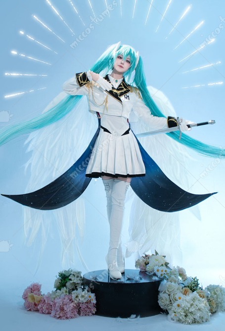 Vocal × Gundam Crossover Skin Cosplay White Dress with Jacket and Socks