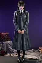 Ciyuandiantai Wednesday Addams Cosplay Costume Black Gray Striped School Uniform Shirt and Vest with Jacket and Skirt