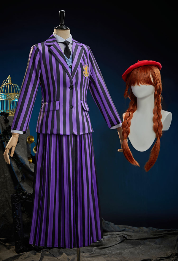 Wednesday Agnes DeMille Cosplay Perruque Longue Orange Avec Béret Rouge