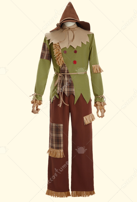 The Wizard Scarecrow Cosplay Costume Halloween Cosplay Costume Patchwork Top and Pants with Hat and Scarf