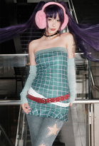 Musa Derivative Y2K Plaid Tube Top and Flared Pants Set E-Girl Festival Outfit with Belt & Gloves
