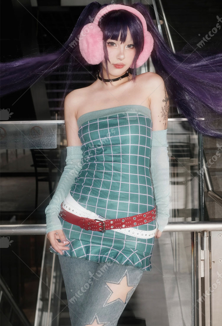 Musa Derivative Y2K Plaid Tube Top and Flared Pants Set E-Girl Festival Outfit with Belt & Gloves