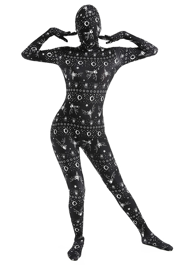 Women Halloween Bat Pattern Printed Full Bodysuit Costume Skin Suit Adults Catsuit Cosplay Costume Outfits