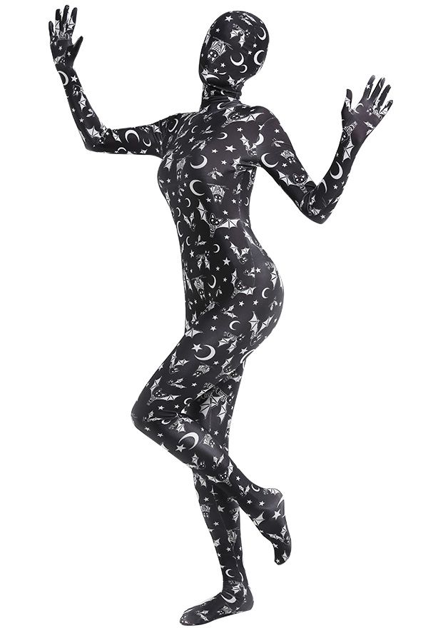 Combinaison Noir de Déguisement Halloween Zentai pour Adultes avec Impression des Chauves-souris