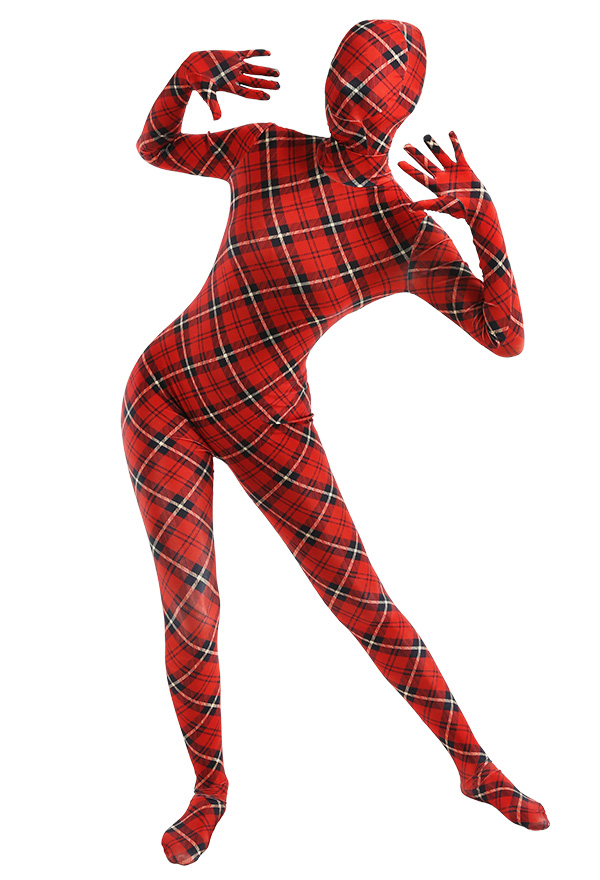 Rot und Schwarz Kariertes Muster Erwachsene Zentai Full Bodysuit Kostüm Skin Suit Catsuit Lange Arm Halloween Jumpsuit