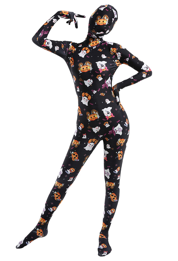 Women Halloween Pumpkin Ghost Pattern Printed Full Bodysuit Costume Skin Suit Adults Catsuit Cosplay Costume Outfits