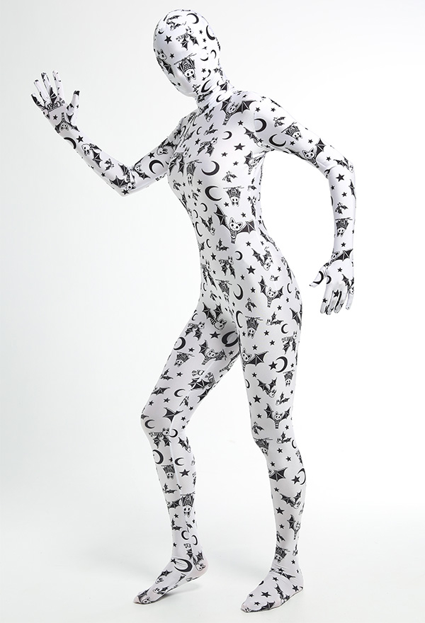 Combinaison Blanc de Déguisement Halloween Zentai pour Adultes avec Impression des Chauves-souris