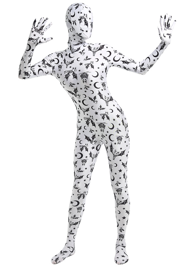 Halloween White Bat Pattern Pattern Printed Full Bodysuit Costume Skin Suit Adults Catsuit Cosplay Costume Outfit