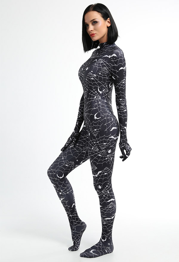 Halloween Spider Web Pattern Printed Full Bodysuit Costume Women