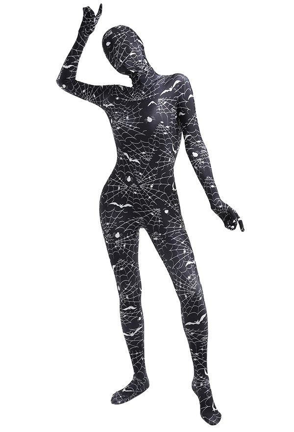 Women Halloween Spider Web Pattern Printed Full Bodysuit Costume Skin Suit Adults Catsuit Cosplay Costume Outfit