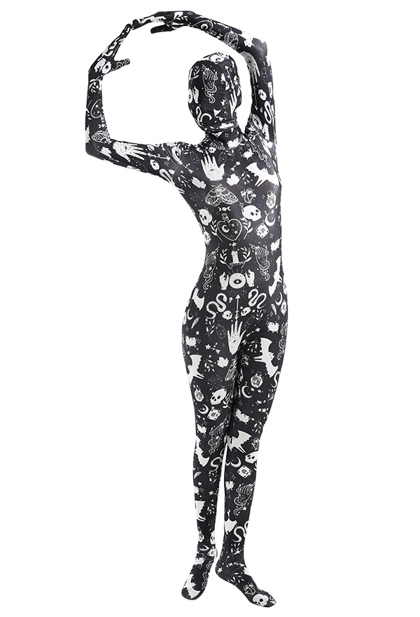 Halloween Witch Elements Pattern Printed Full Bodysuit Costume Skin Suit Adults Catsuit Cosplay Costume Outfit