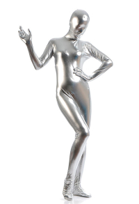 Adult Unisex Glossy Full Bodysuit Zentai Stretch Solid Silver Color Skin Jumpsuit Cosplay Costume Outfit for Halloween