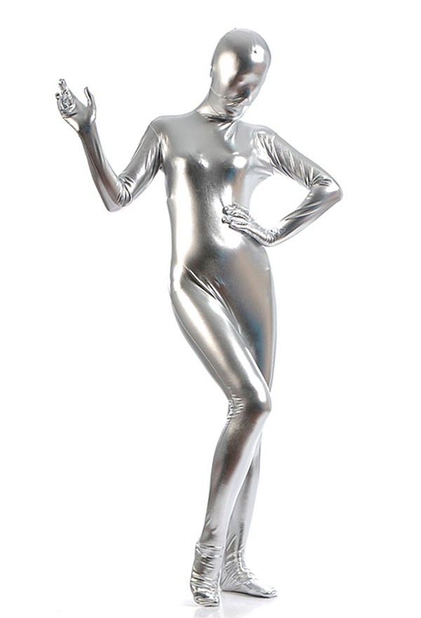 Costume de Cosplay Halloween Partie Combinaison Élastique Brillante Zentai Déguisement Argenté pour Adulte