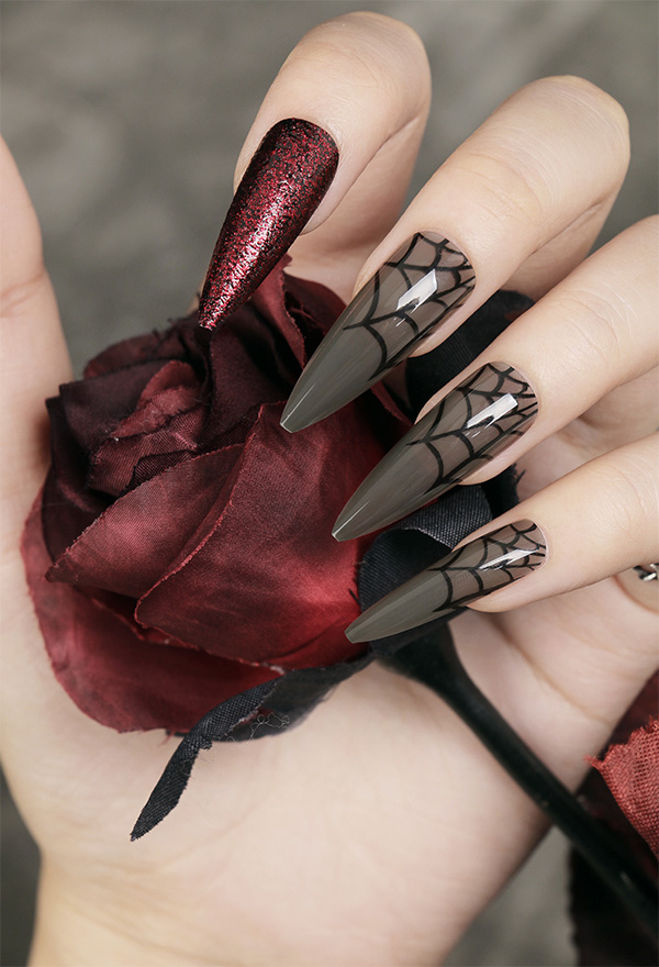 Halloween Gothic Spinnennetz Lange Nageltipps Künstliche Nägel Gefälschte Nägel Nail Art Fake Nails 24 Pcs