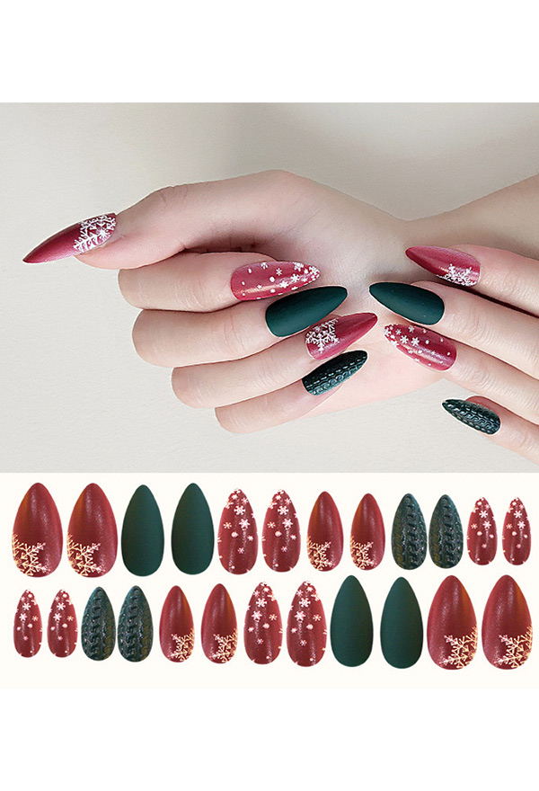 Christmas Style Press On False Nails Christmas Tree and Snowflake Pattern Kawaii False Nail Tips 24 Pcs