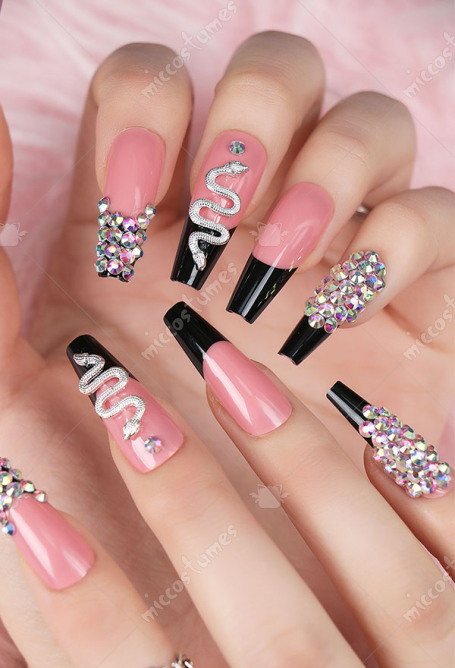 French Style Press On False Nails - Rhinestones Snake Pattern False Nail Tips | Top Quality Fake Nails for Sale French Style Press On False Nails - Rhinestones Snake Pattern False Nail Tips | Top Quality Fake Nails for Sale