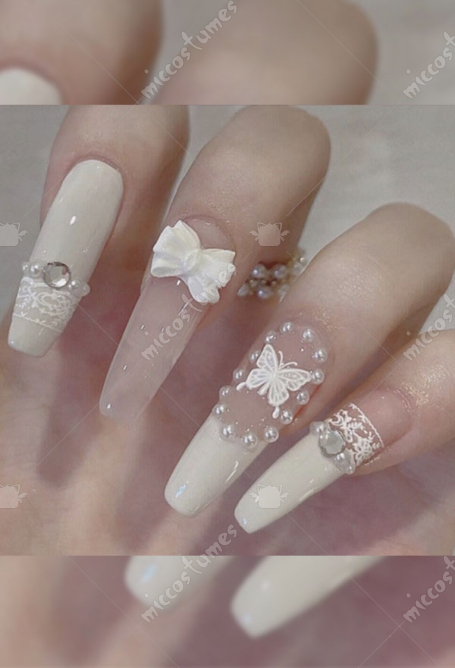 French Style Press On False Nails - White Butterfly Bowknot False Nail Tips | Top Quality Fake Nails for Sale French Style Press On False Nails - White Butterfly Bowknot False Nail Tips | Top Quality Fake Nails for Sale