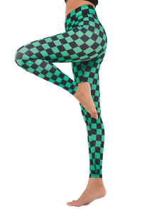 Women Child of Brightnessu Black and Green Plaid Printed High Waist Yoga Leggings Workout Running Pants Sportswear