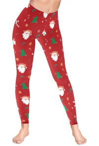 Christmas Women Adults Cartoon Red Santa Claus Pattern Print High Waist Yoga Leggings Workout Running Pants Sportswear