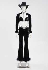 Dark Rave Gothic Cowboy Style Pants Black Velvet Trousers Cut-out Flared Pants with Belt