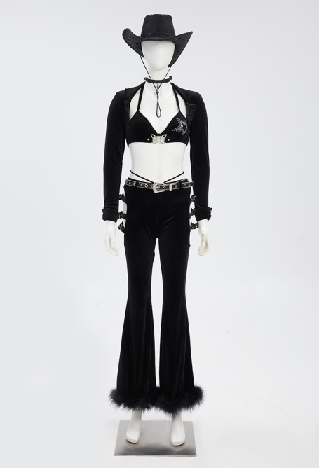 Cakuoyi Gothic Cowboy Style Pants Black Velvet Trousers Cut-out Flared Pants with Belt