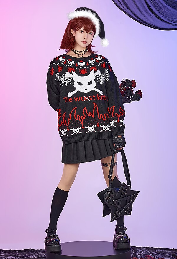 Christmas Gothic Knitted Sweater Cat Head Pattern Crew Neck Pullover Knitwear