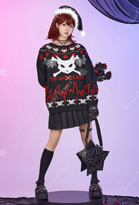 Christmas Gothic Knitted Sweater Cat Head Pattern Crew Neck Pullover Knitwear