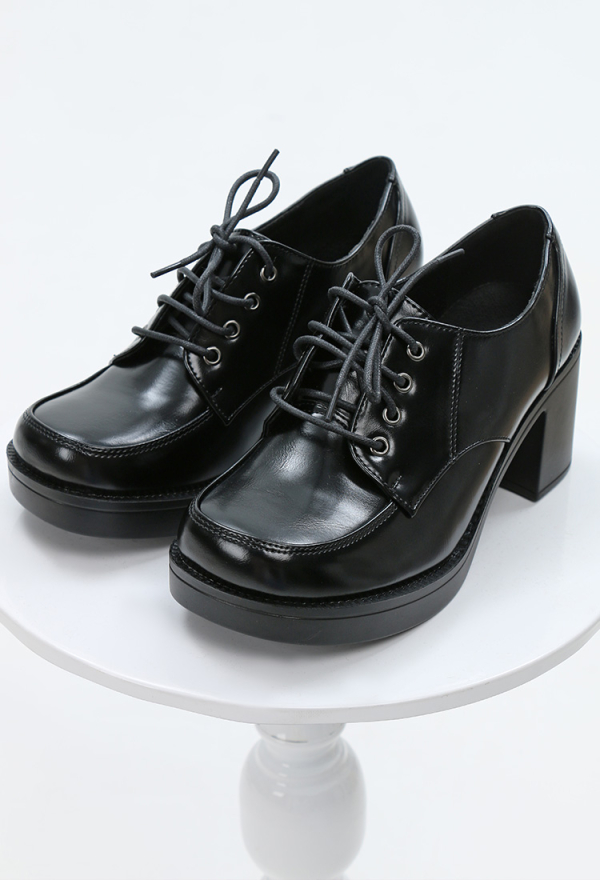 Thick Middle Heels Square Toe Front Tie Japanese School Shoes