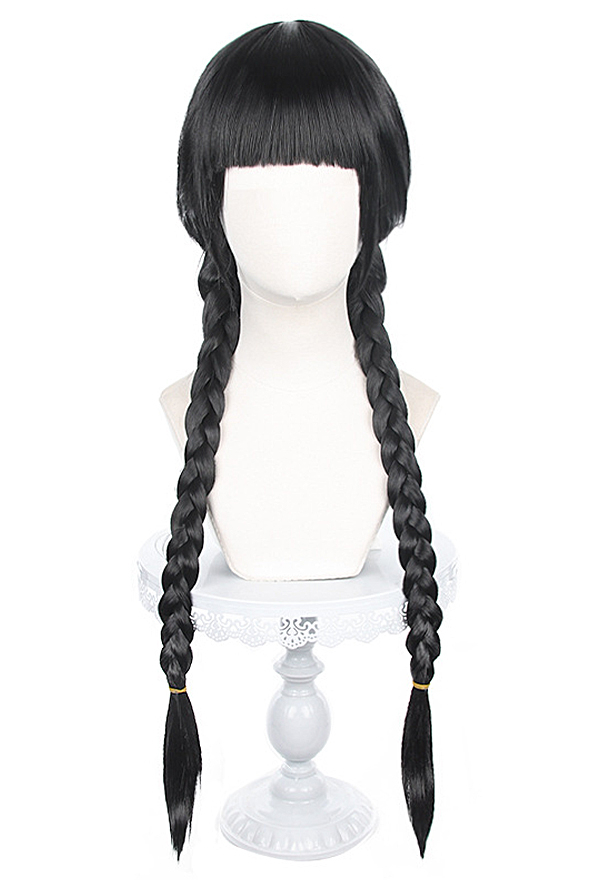Wednesday Addams Perücke Mit Pony & Zöpfen - Schwarze Cosplay Perücke Synthetisch, Verstellbar