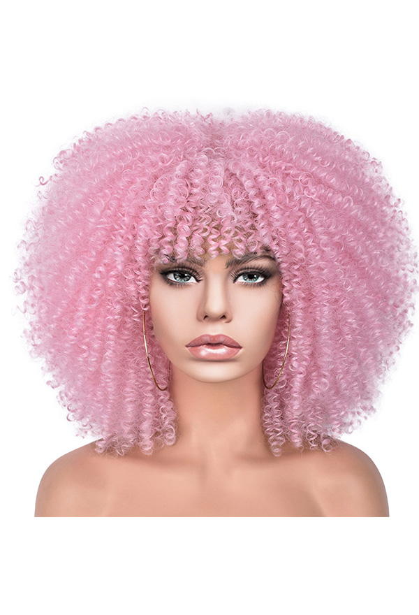 Movie Doll Pink Curly Cosplay Wig with Bang Halloween Curly Afro