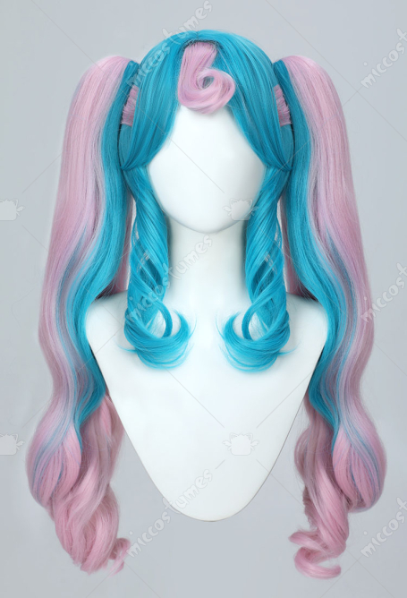 Vocal PM Cosplay Wig Long Curly Blue-Pink Double Tail Wig