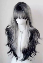 Women Lolita White and Black Gradient Natural Wave Curly Cosplay Wig Heat Resistant Fiber Long Wavy Hair