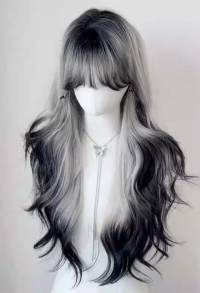 Women Lolita White and Black Gradient Natural Wave Curly Cosplay Wig Heat Resistant Fiber Long Wavy Hair