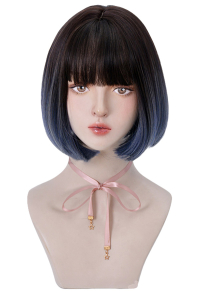 Women Short Bob Cosplay Wig Heat Resistant Fiber Gradient Gray Blue Light Tea Gray Purple Straight Hair