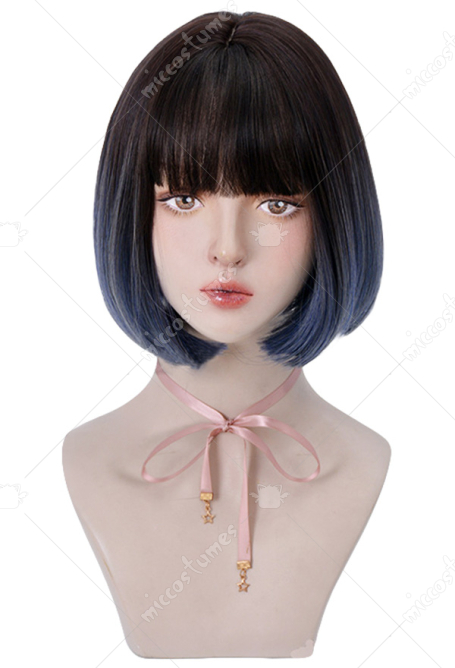 Women Short Bob Cosplay Wig Heat Resistant Fiber Gradient Gray Blue Light Tea Gray Purple Straight Hair