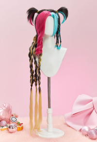 LoL Jinx Cosplay Wig Pink and Blue Highlights Wig with Braids