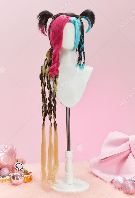 LoL Jinx Cosplay Wig Pink and Blue Highlights Wig with Braids