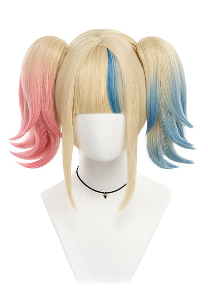 Isekai Suicide Squad The Clown's Girl Cosplay Wig Blue Pink Blonde Double Ponytail Short Wig
