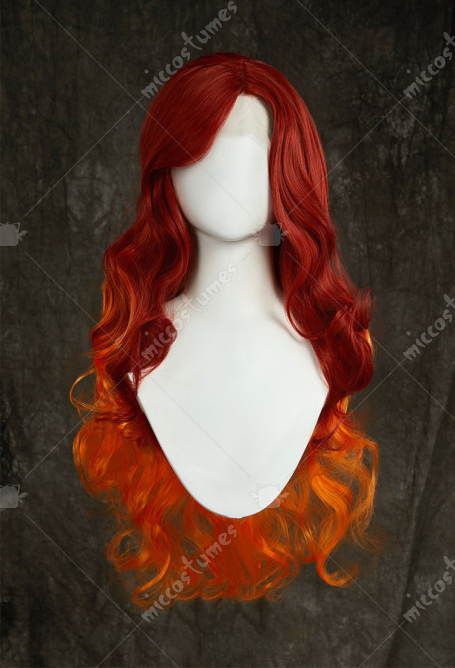 Female Superhero Cosplay Wig Dark Red Orange Long Curly Lace Wig