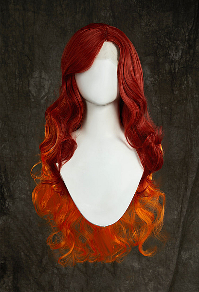 Female Superhero Cosplay Wig Dark Red Orange Long Curly Lace Wig