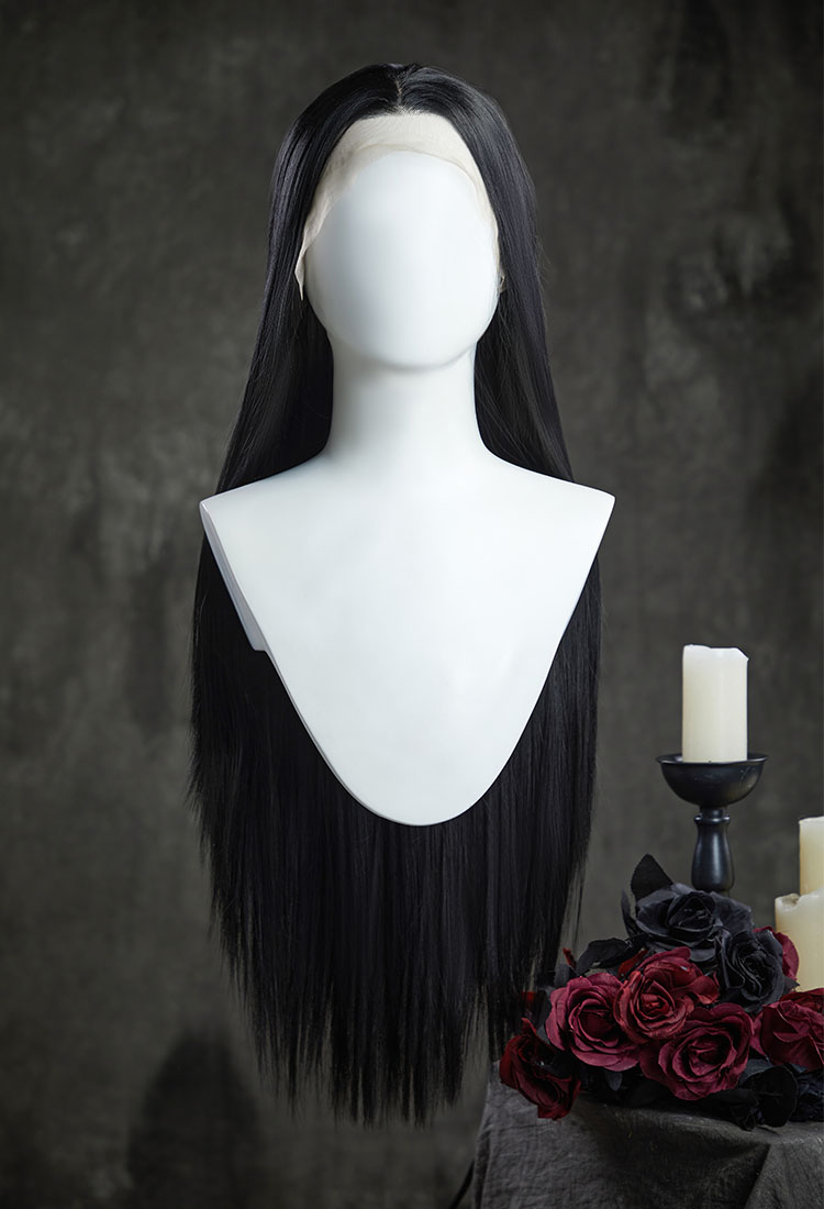 Wednesday Morticia Addams 31 inch Cosplay Wig Long Black Lace Wig