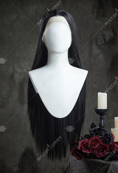 Wednesday Morticia Addams 31 inch Cosplay Wig Long Black Lace Wig