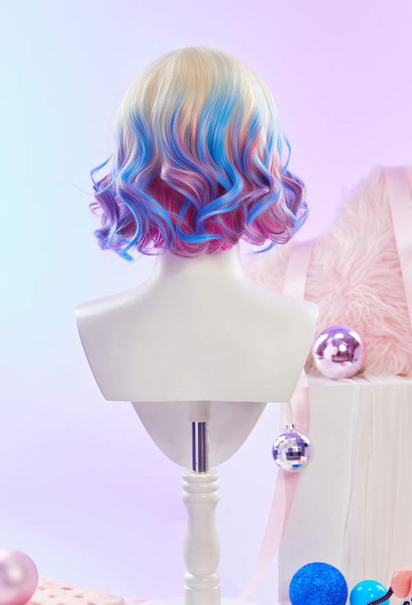 Enid Cosplay Perruque Femme Dégradé 35CM Court Fluffy Boucles Ondulées